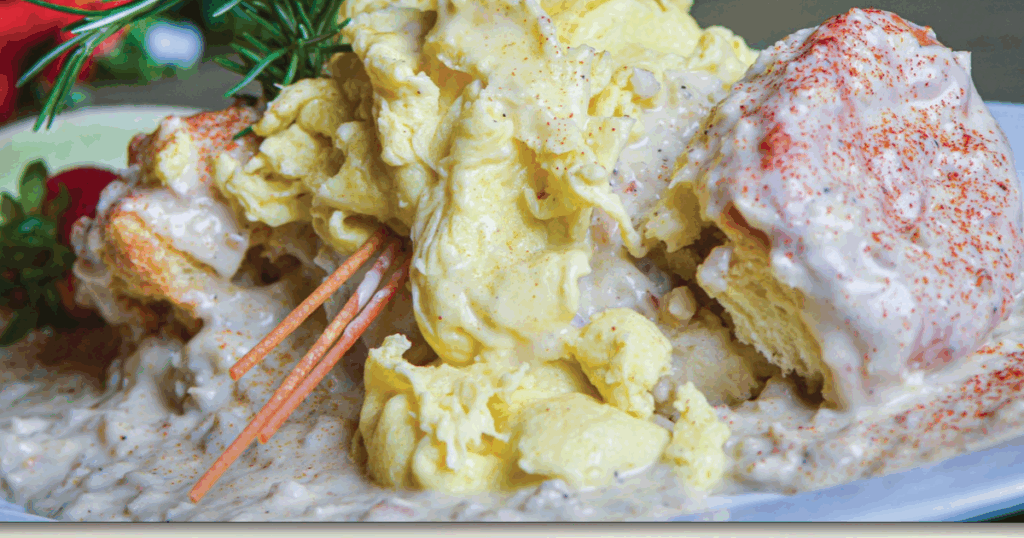 Summer limited time offers the Blazin’ Biscuit and Gravy with scrambled eggs and sausage gravy served at Hash House A Go Go Orlando