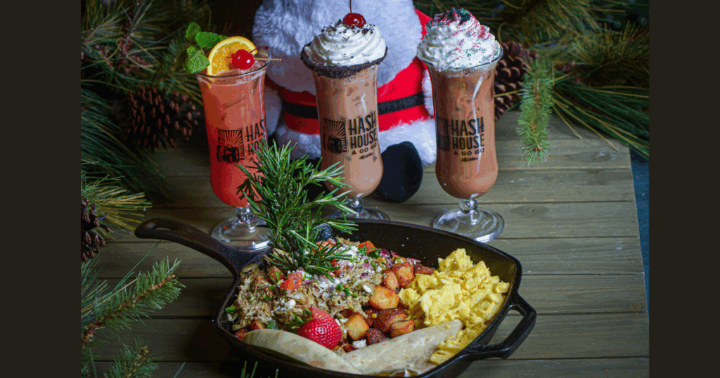 Christmas 2025 holiday menu dishes and festive drinks at Hash House A Go Go Orlando near Universal Studios on International Drive Florida