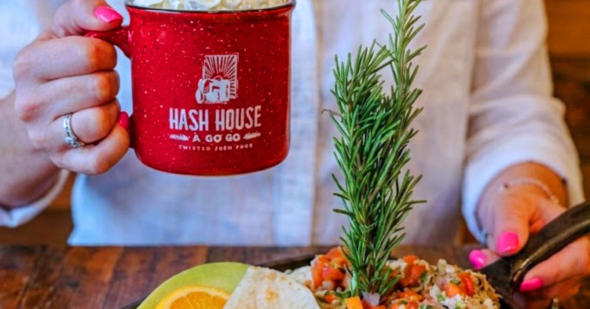 Hash House A Go Go Orlando coffee mug with the best comfort food lunch dish at the International Drive location in Orlando Florida