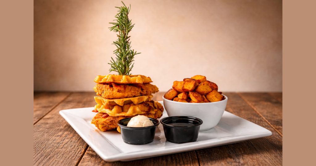 Limited Time at Hash House A Go Go Orlando: Seasonal Dishes You Need to Try Now 1 Chicken and waffle sandwich stack a limited time only spring menu item at Hash House A Go Go Orlando near Flamingo Crossings