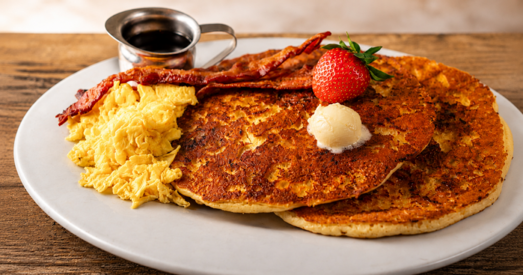 Brown Sugar Sausage Flapjack Stack with eggs and bacon off our limited time only Father's Day menu at Hash House A Go Go Orlando on International Drive