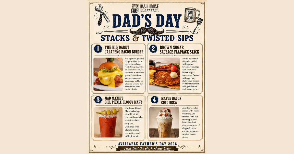 Father’s Day menu graphic for Hash House A Go Go Orlando on International Drive with brunch specials and drinks