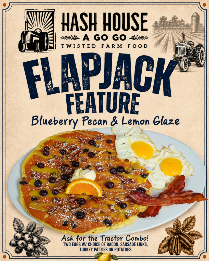 Blueberry pecan flapjack with lemon glaze, eggs, and bacon.