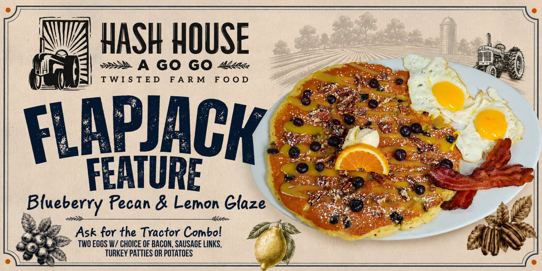 Blueberry pecan flapjack with lemon glaze, eggs, and bacon.