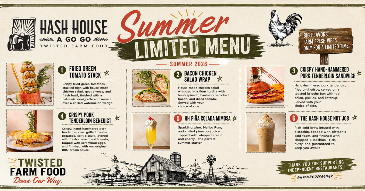 Hash House A Go Go Summer 2026 Limited Menu with seasonal brunch, lunch and drinks on International Drive in Orlando