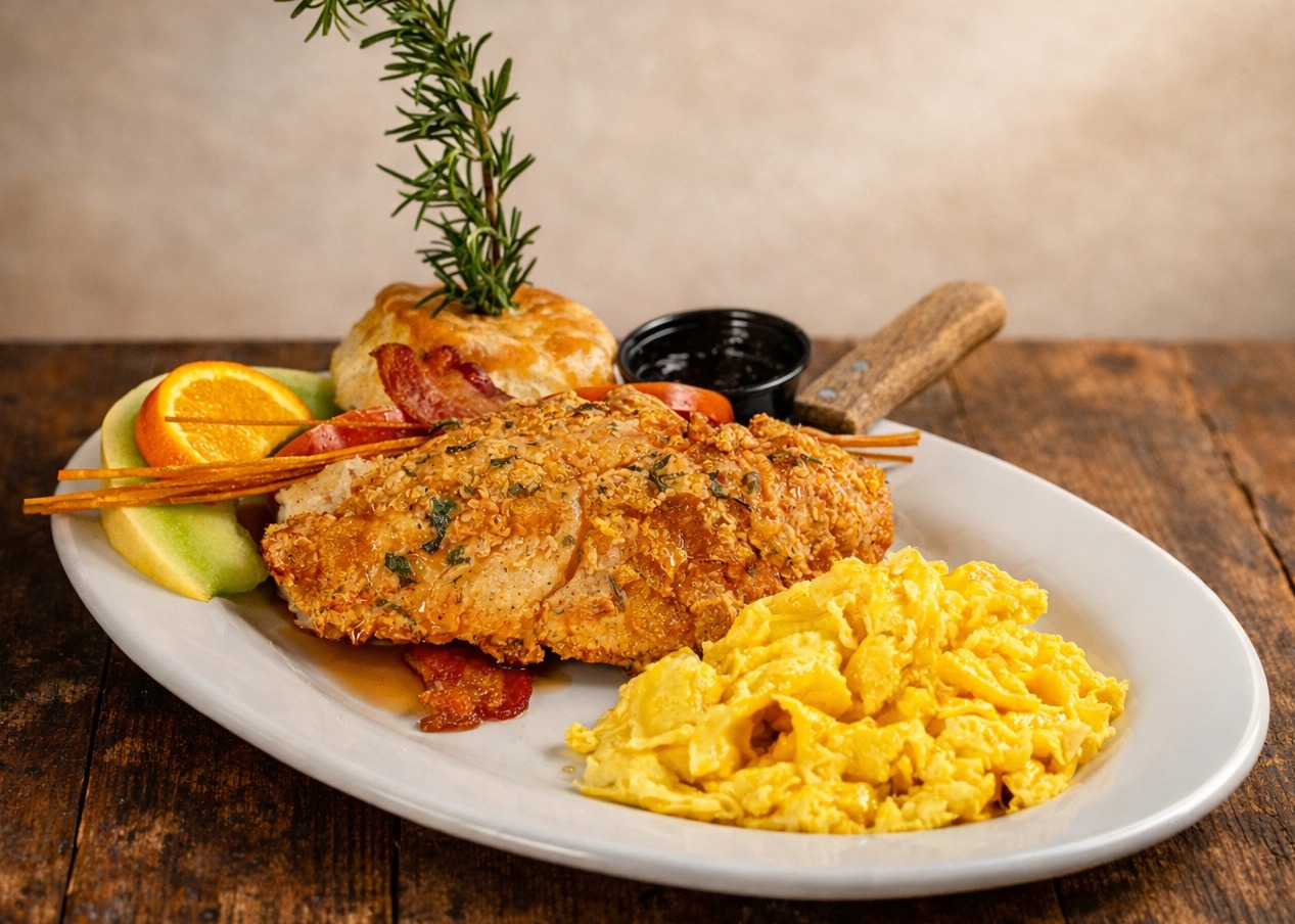 Have breakfast near Orlando with our Andy's Sage Fried Chicken & Eggs at Hash House A Go Go Orlando, served with scrambled eggs, bacon, biscuit, fruit, and syrup.